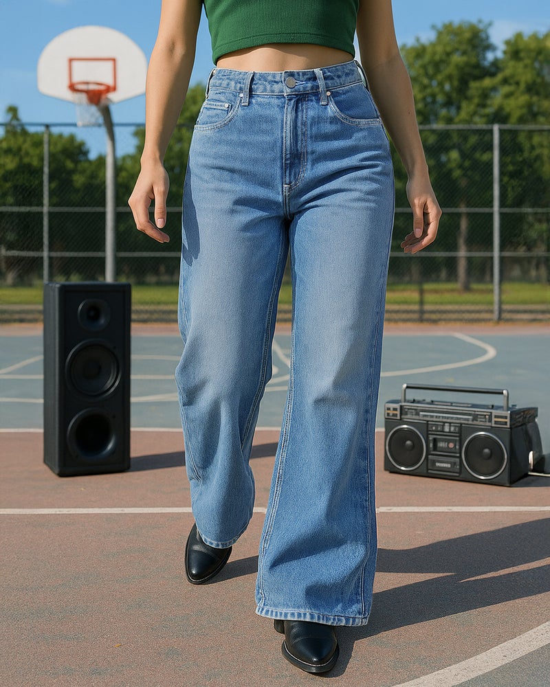 bewakoof Women's Blue Washed Baggy Wide Leg Jeans - Image 1